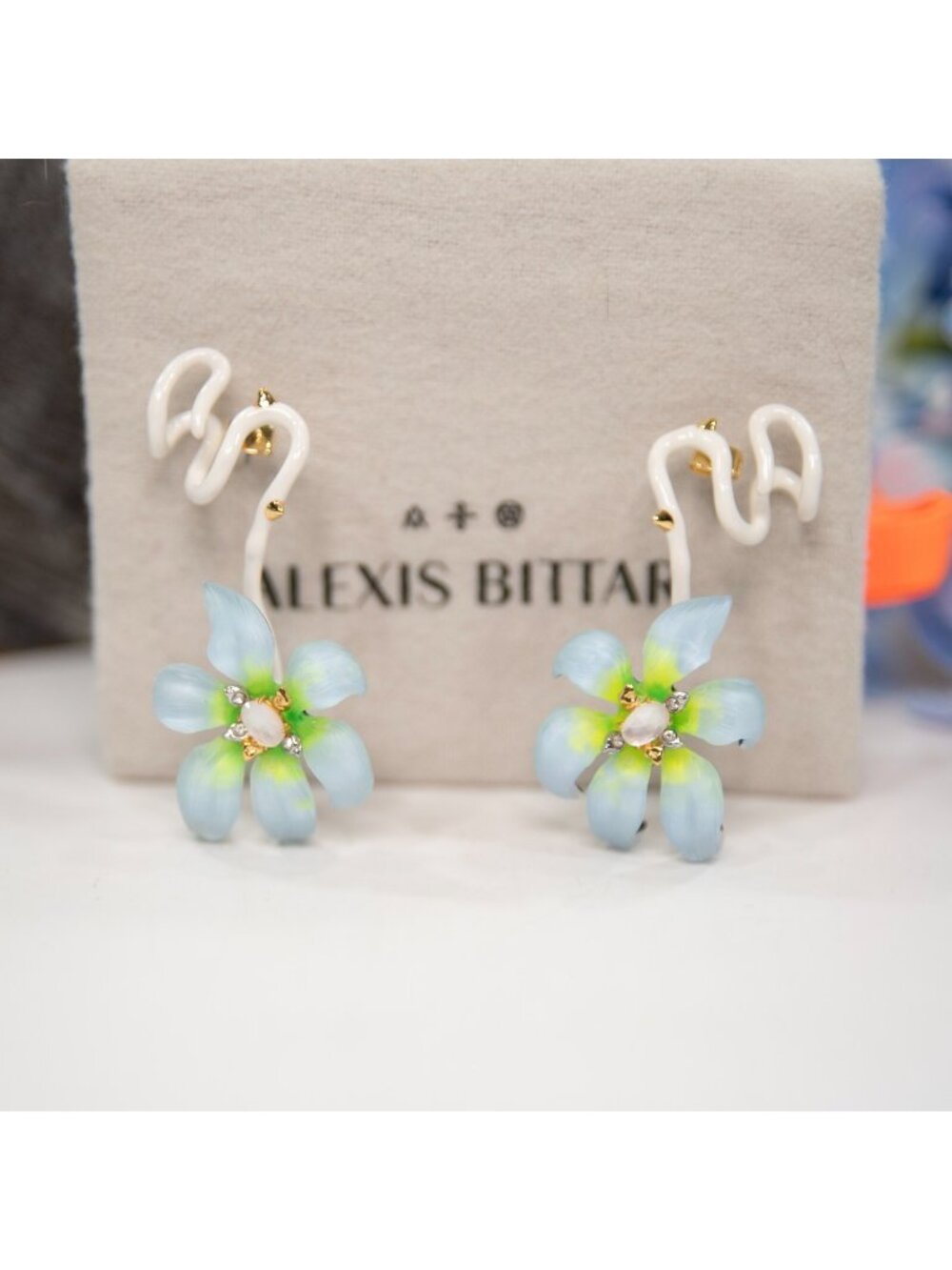 Alexis Bittar Aurora Blue Lily Lucite Mother of Pearl Crystal Earrings NWT